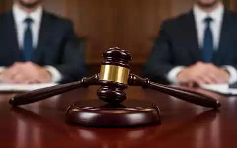 Ein Nahaufnahme eines Holzhammers auf einem dunklen Schreibtisch, mit unscharfen Personen im Hintergrund, die ein Gericht oder eine juristisches Umfeld andeuten. - Foto: über boerse-global.de