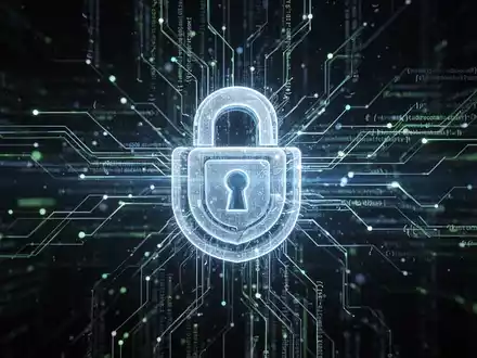 Eine abstrakte Darstellung digitaler Sicherheit mit leuchtenden Datenströmen, die in einem mehrschichtigen Schloss-Symbol münden. - Foto: über boerse-global.de