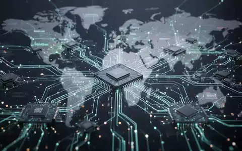 Ein stilisiertes Netzwerk aus leuchtenden Mikrochips und Datenströmen, das globale KI-Lieferketten darstellt, mit einer Weltkarte im Hintergrund. - Foto: über boerse-global.de