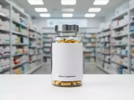 Eine elegante Glasflasche mit Nahrungsergänzungsmitteln steht auf einer weissen Fläche, dahinter verschwommen ein Apothekenregal. - Foto: über boerse-global.de