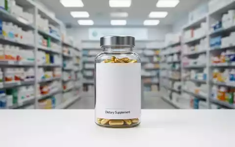 Eine elegante Glasflasche mit Nahrungsergänzungsmitteln steht auf einer weissen Fläche, dahinter verschwommen ein Apothekenregal. - Foto: über boerse-global.de