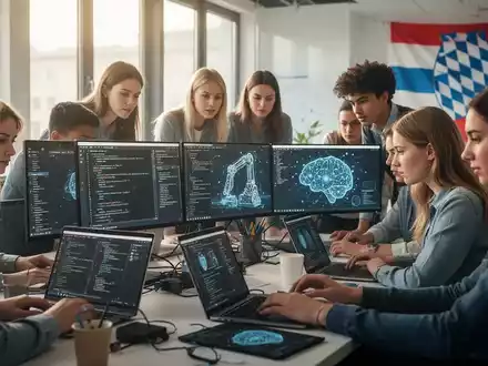 Junge Berufstätige, darunter Frauen, arbeiten in einem modernen Tech-Büro an Laptops mit Code zu Cybersicherheit und KI. - Foto: über boerse-global.de