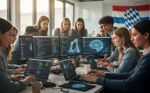 Junge Berufstätige, darunter Frauen, arbeiten in einem modernen Tech-Büro an Laptops mit Code zu Cybersicherheit und KI. - Foto: über boerse-global.de