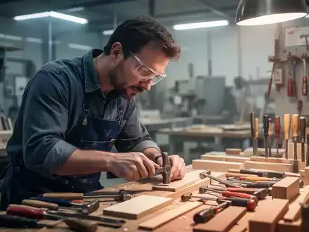 Nahaufnahme eines Handwerkers, der konzentriert an einem Werkstück arbeitet, umgeben von Werkzeugen in einer modernen Werkstatt. - Foto: über boerse-global.de