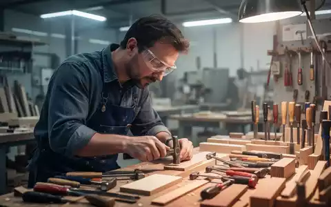 Nahaufnahme eines Handwerkers, der konzentriert an einem Werkstück arbeitet, umgeben von Werkzeugen in einer modernen Werkstatt. - Foto: über boerse-global.de
