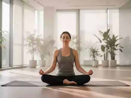 Eine Person meditiert friedlich in einem hellen Wellness-Studio, umgeben von sanftem Licht und Pflanzen. - Foto: über boerse-global.de
