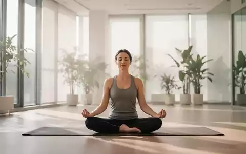 Eine Person meditiert friedlich in einem hellen Wellness-Studio, umgeben von sanftem Licht und Pflanzen. - Foto: über boerse-global.de