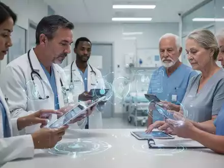 Eine diverse Gruppe von Menschen, darunter ein Gesundheitsdienstleister, interagiert mit digitaler Gesundheitstechnologie wie Tablets und Smartphones. - Foto: über boerse-global.de