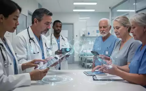 Eine diverse Gruppe von Menschen, darunter ein Gesundheitsdienstleister, interagiert mit digitaler Gesundheitstechnologie wie Tablets und Smartphones. - Foto: über boerse-global.de