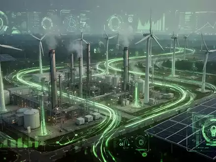 Eine futuristische Grafik, die Energieeffizienz darstellt, mit leuchtenden Linien, die Industrieanlagen mit erneuerbaren Energiequellen verbinden. - Foto: über boerse-global.de
