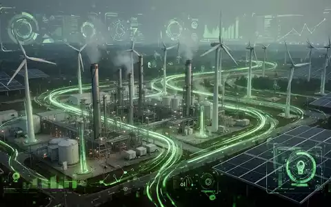 Eine futuristische Grafik, die Energieeffizienz darstellt, mit leuchtenden Linien, die Industrieanlagen mit erneuerbaren Energiequellen verbinden. - Foto: über boerse-global.de
