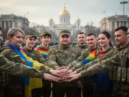 Eine Gruppe ukrainischer LGBTQIA+-Aktivisten und Soldaten, einige in Uniform, zeigt Solidarität und Stärke in Kiew. - Foto: über boerse-global.de