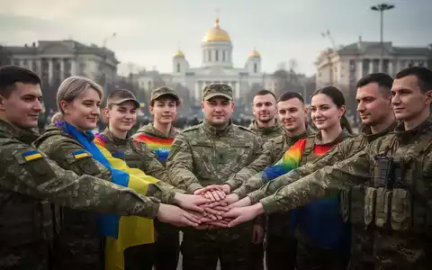Eine Gruppe ukrainischer LGBTQIA+-Aktivisten und Soldaten, einige in Uniform, zeigt Solidarität und Stärke in Kiew. - Foto: über boerse-global.de