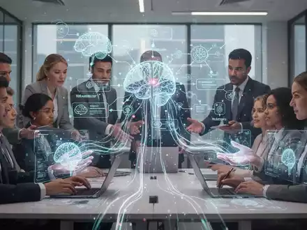 Geschäftsleute in einem modernen Büro arbeiten an einem holografischen Display mit KI-Neuronalnetzen und automatisierten Workflow-Diagrammen. - Foto: über boerse-global.de