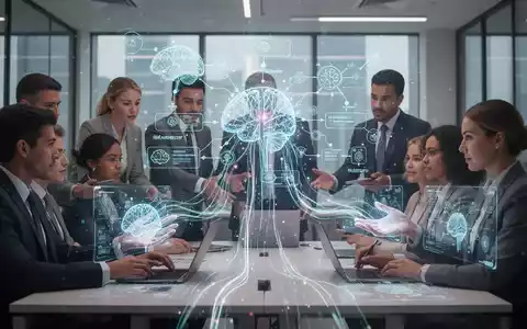 Geschäftsleute in einem modernen Büro arbeiten an einem holografischen Display mit KI-Neuronalnetzen und automatisierten Workflow-Diagrammen. - Foto: über boerse-global.de