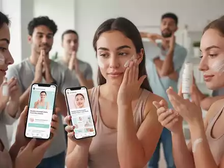 Junge Erwachsene nutzen Smartphones für Wellness-Trends, tragen Hautpflege auf und dehnen sich, in einem modernen Ambiente. - Foto: über boerse-global.de
