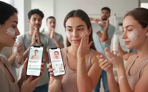 Junge Erwachsene nutzen Smartphones für Wellness-Trends, tragen Hautpflege auf und dehnen sich, in einem modernen Ambiente. - Foto: über boerse-global.de