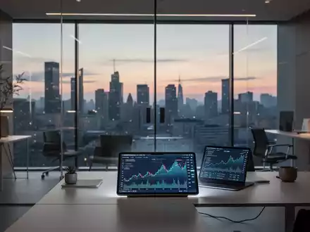 Ein minimalistisches Büro mit Blick auf eine Stadt bei Sonnenaufgang. Ein Tablet zeigt Finanzdiagramme, skandinavisches Design. - Foto: über boerse-global.de