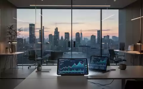 Ein minimalistisches Büro mit Blick auf eine Stadt bei Sonnenaufgang. Ein Tablet zeigt Finanzdiagramme, skandinavisches Design. - Foto: über boerse-global.de