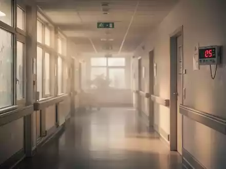 Ein warmer, leicht verschwommener Flur in einem deutschen Krankenhaus mit einem Thermometer, das hohe Temperaturen anzeigt, und indirektem Licht. - Foto: über boerse-global.de
