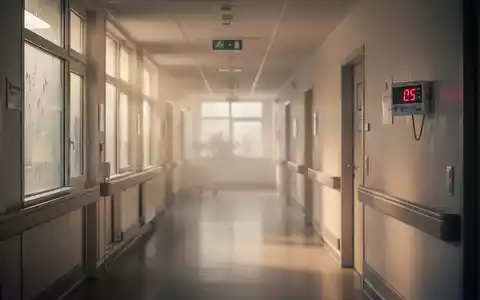 Ein warmer, leicht verschwommener Flur in einem deutschen Krankenhaus mit einem Thermometer, das hohe Temperaturen anzeigt, und indirektem Licht. - Foto: über boerse-global.de