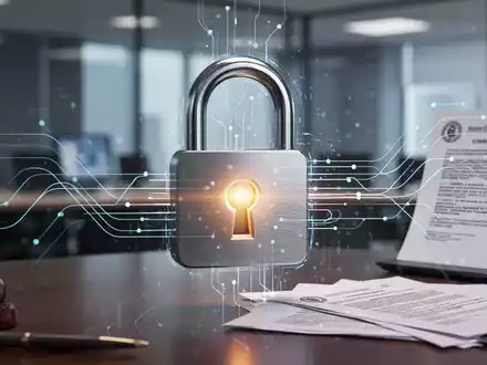 Ein stilisiertes digitales Vorhängeschloss mit leuchtendem Schlüsselloch vor einem unscharfen Bürohintergrund, das Datenschutz und Compliance symbolisiert. - Foto: über boerse-global.de