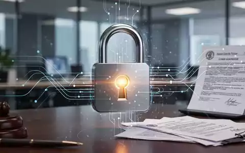 Ein stilisiertes digitales Vorhängeschloss mit leuchtendem Schlüsselloch vor einem unscharfen Bürohintergrund, das Datenschutz und Compliance symbolisiert. - Foto: über boerse-global.de