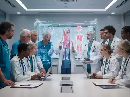 Ärzte in einem modernen Konferenzraum, die eine holografische Anzeige mit medizinischen Daten und Modellen betrachten. - Foto: über boerse-global.de