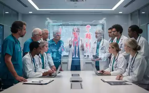 Ärzte in einem modernen Konferenzraum, die eine holografische Anzeige mit medizinischen Daten und Modellen betrachten. - Foto: über boerse-global.de