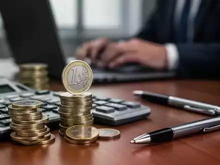 Nahaufnahme von Euro-Münzen, Taschenrechner und Stift auf einem Schreibtisch, mit einer verschwommenen Person im Hintergrund, die an einem Laptop arbeitet. - Foto: über boerse-global.de