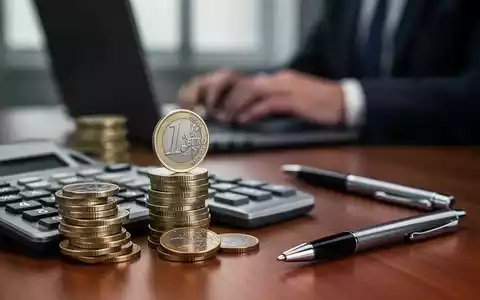 Nahaufnahme von Euro-Münzen, Taschenrechner und Stift auf einem Schreibtisch, mit einer verschwommenen Person im Hintergrund, die an einem Laptop arbeitet. - Foto: über boerse-global.de