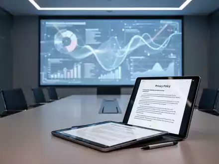 Ein moderner Konferenzraum mit einem großen digitalen Bildschirm, der Datenvisualisierungen anzeigt, und einem Tablet mit einer Datenschutzerklärung. - Foto: über boerse-global.de