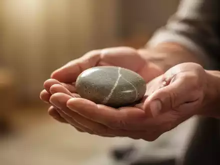 Hände halten einen glatten Stein in einer ruhigen, therapeutischen Umgebung, symbolisch für Heilung und innere Ruhe. - Foto: über boerse-global.de