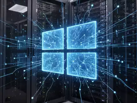 Leuchtendes, abstraktes blaues Windows-Logo aus Datenströmen über einem Serverrack, das Unternehmenstechnologie und digitale Transformation symbolisiert. - Foto: über boerse-global.de