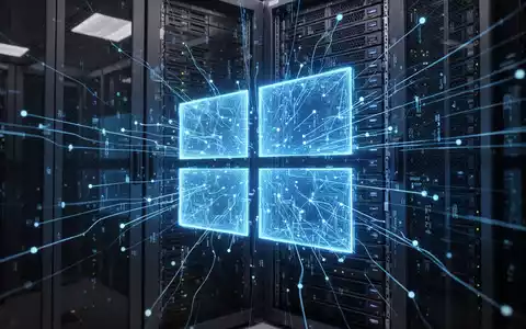 Leuchtendes, abstraktes blaues Windows-Logo aus Datenströmen über einem Serverrack, das Unternehmenstechnologie und digitale Transformation symbolisiert. - Foto: über boerse-global.de