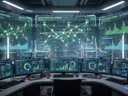 Ein futuristischer Kontrollraum mit holografischen Displays, die Energienetzdaten und digitale Dashboards zur Verwaltung von Energieanlagen anzeigen. - Foto: über boerse-global.de