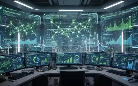 Ein futuristischer Kontrollraum mit holografischen Displays, die Energienetzdaten und digitale Dashboards zur Verwaltung von Energieanlagen anzeigen. - Foto: über boerse-global.de
