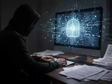 Schattenhafte Figur an einem Schreibtisch, beleuchtet von einer leuchtenden, abstrakten KI-Oberfläche auf einem Computerbildschirm, mit juristischen Dokumenten. - Foto: über boerse-global.de