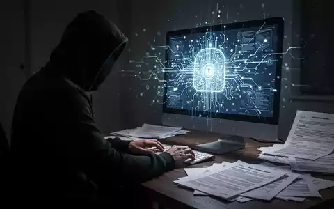 Schattenhafte Figur an einem Schreibtisch, beleuchtet von einer leuchtenden, abstrakten KI-Oberfläche auf einem Computerbildschirm, mit juristischen Dokumenten. - Foto: über boerse-global.de