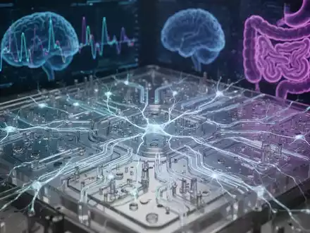 Ein beleuchtetes Mikrofluidik-Chip-System, das neuronale Netzwerke und die Darm-Hirn-Achse simuliert, mit abstrakten Hirnaktivitätsdaten im Hintergrund. - Foto: über boerse-global.de