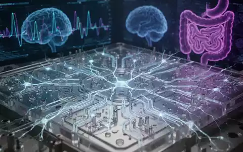 Ein beleuchtetes Mikrofluidik-Chip-System, das neuronale Netzwerke und die Darm-Hirn-Achse simuliert, mit abstrakten Hirnaktivitätsdaten im Hintergrund. - Foto: über boerse-global.de