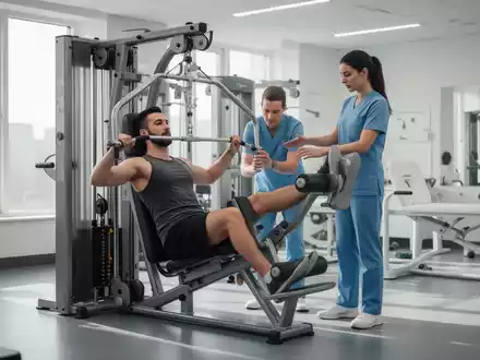 Ein Patient führt eine Übung an einem speziellen medizinischen Trainingsgerät aus, betreut von einem Physiotherapeuten in einem modernen Reha-Zentrum. - Foto: über boerse-global.de
