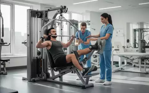 Ein Patient führt eine Übung an einem speziellen medizinischen Trainingsgerät aus, betreut von einem Physiotherapeuten in einem modernen Reha-Zentrum. - Foto: über boerse-global.de