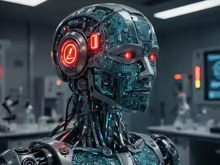 Nahaufnahme der inneren Komponenten eines humanoiden Roboters mit leuchtenden Schaltkreisen und fortschrittlichen Sicherheitssystemen in einem Hightech-Labor. - Foto: über boerse-global.de
