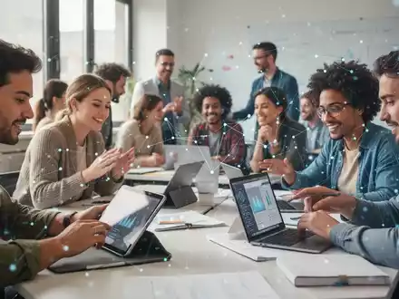 Erwachsene lernen in einem modernen Klassenzimmer, einige nutzen Tablets und Laptops, andere diskutieren. - Foto: über boerse-global.de