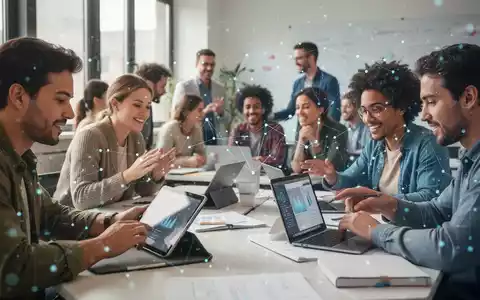 Erwachsene lernen in einem modernen Klassenzimmer, einige nutzen Tablets und Laptops, andere diskutieren. - Foto: über boerse-global.de