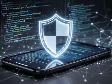 Ein stilisiertes, leuchtendes Schild-Symbol auf einem Smartphone-Bildschirm, umgeben von Code und Netzwerkverbindungen. Es symbolisiert Cybersicherheit und Schutz vor Viren. - Foto: über boerse-global.de