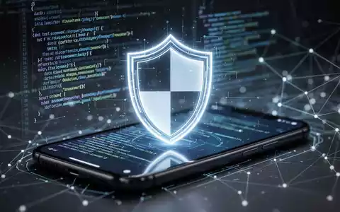 Ein stilisiertes, leuchtendes Schild-Symbol auf einem Smartphone-Bildschirm, umgeben von Code und Netzwerkverbindungen. Es symbolisiert Cybersicherheit und Schutz vor Viren. - Foto: über boerse-global.de