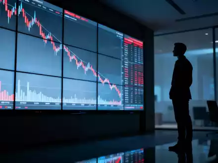 Ein silhouettierter Börsenhändler betrachtet eine große, abwärts gerichtete digitale Börsenkarte in einem dunklen Handelsraum. - Foto: über boerse-global.de