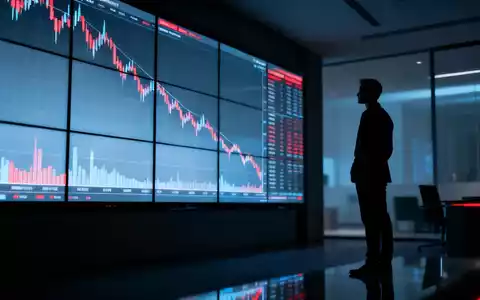 Ein silhouettierter Börsenhändler betrachtet eine große, abwärts gerichtete digitale Börsenkarte in einem dunklen Handelsraum. - Foto: über boerse-global.de